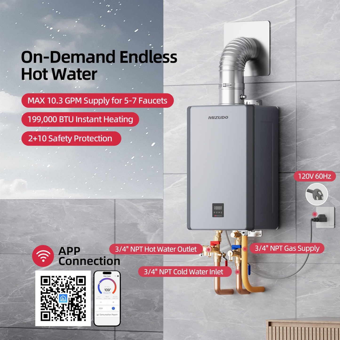 MIZUDO Natural Gas Tankless Water Heater, 199,000 BTU, Indoor Installation, Max 10.3 GPM, WiFi&APP Control, Non Condensing, High Efficiency for Large Families Residential Whole House
