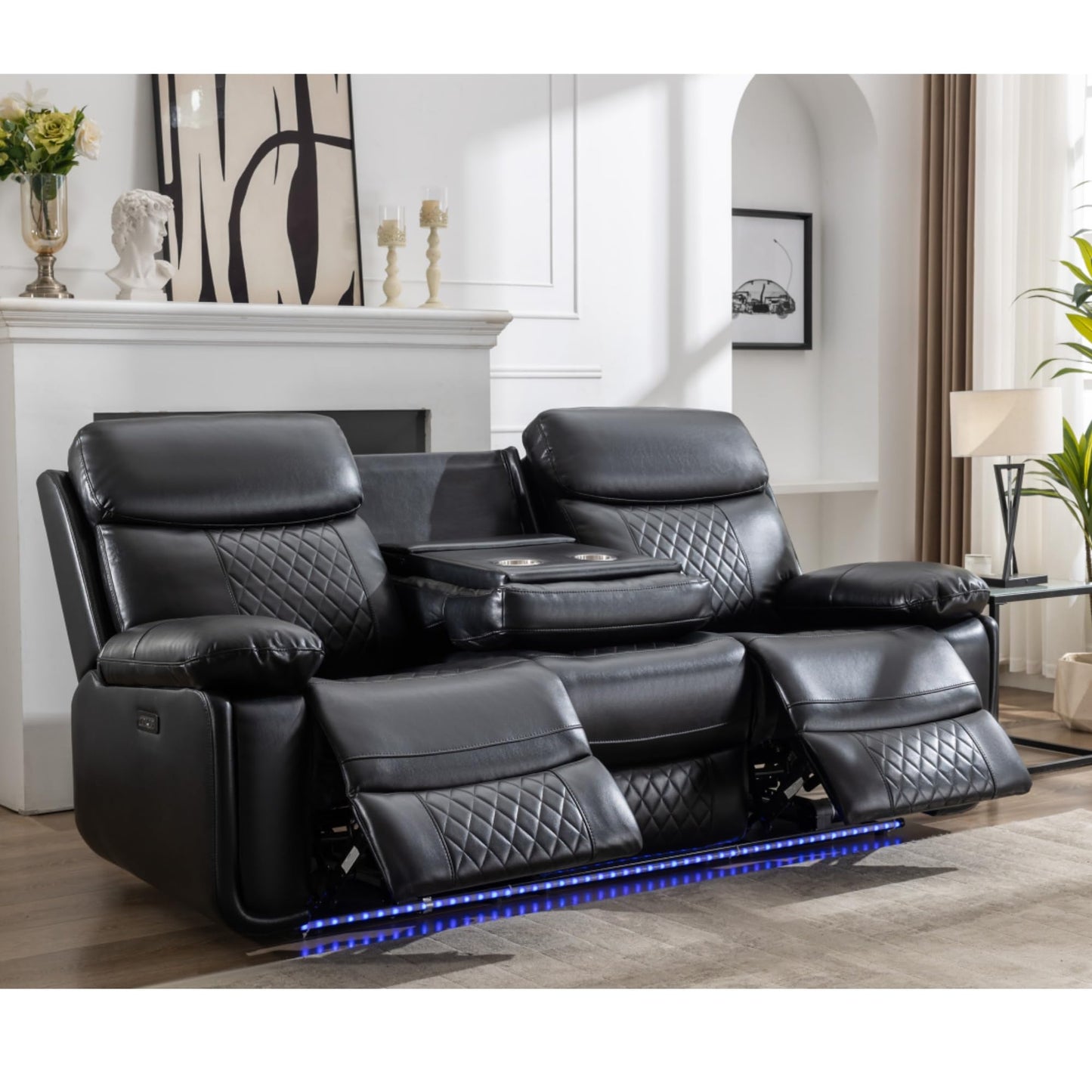KEIKI 2-Piece Power Reclining Sofa Set with 1 Oversized Technical Leather 3-Seater Sofa & 1 Loveseat Sofa, Electric Control 5-Seater Couch Set with Cup Holder, Storage Armrest, for Living Room, Black
