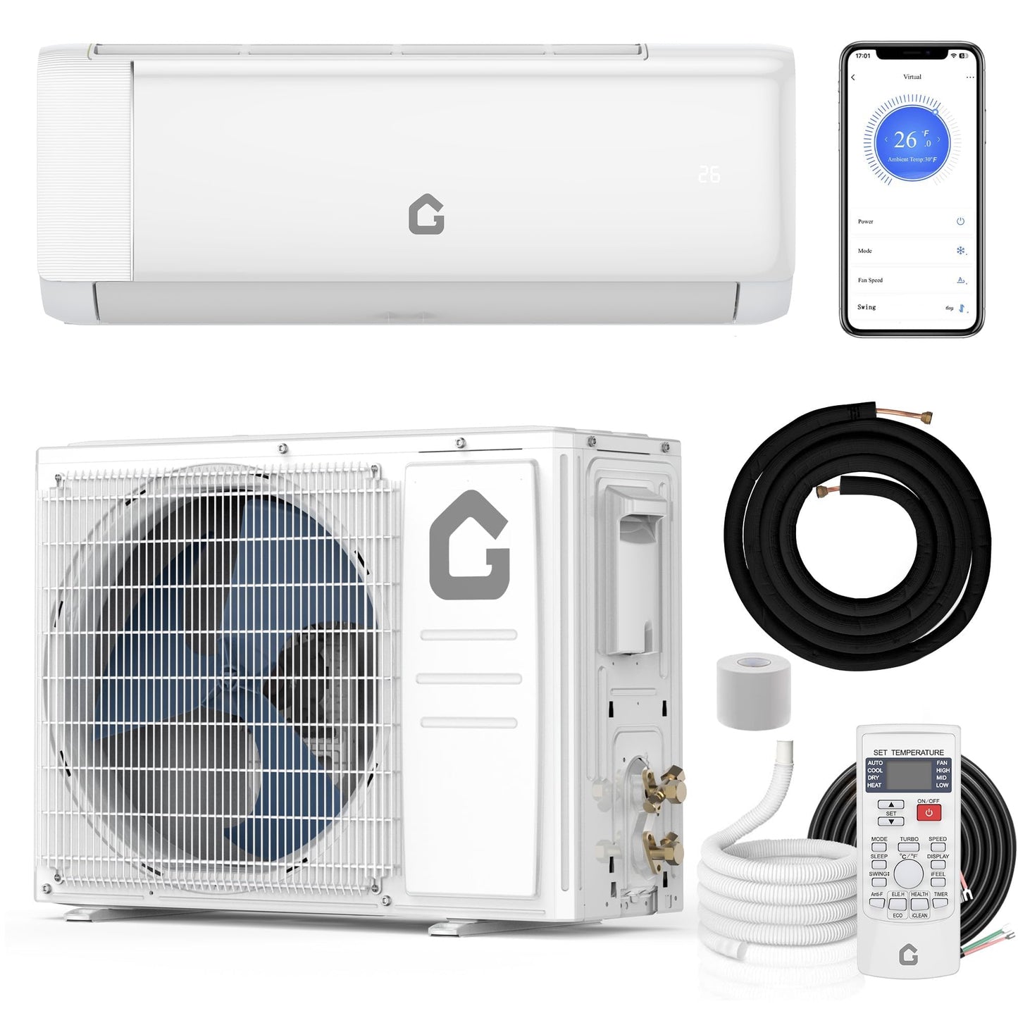 9000 BTU Mini Split AC w/Remote Control19 SEER2 Cools Up to 450 Sq. Ft,230 V Ductless Inverter Mini Split System w/0.75 Ton Heat Pump Pre-Charged & Installation Kit, Ultra-Quiet