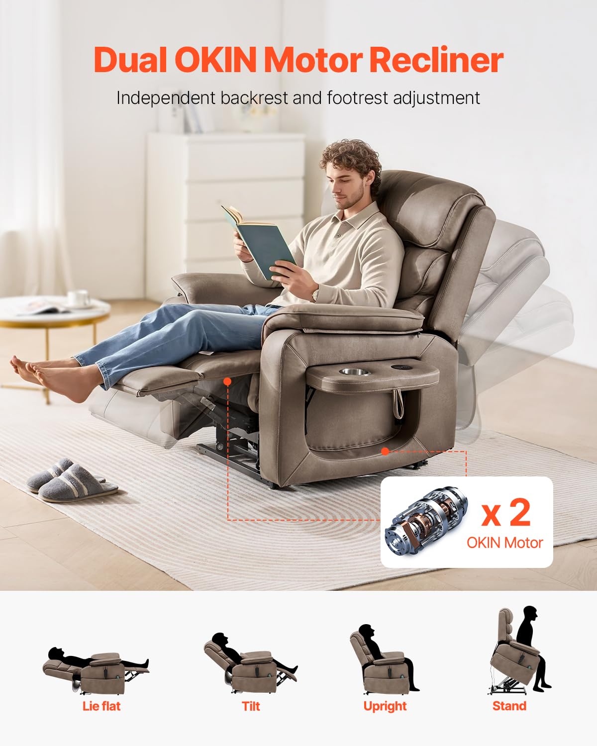 VEVOR Power Lift Recliner Chair, Dual Motor Lift Chair with Heat and Massage for Elderly, Infinite Position Adjustment Electric Recliner with a Cup Holder (Medium-Wide, Light Brown)