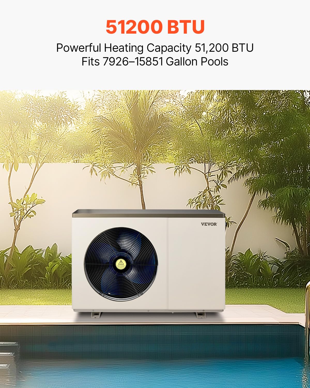 VEVOR Electric Pool Heat Pump, 51,200 BTU, Fits 7,926-15,851 Gallon Above & In-Ground Pools, Low Noise Heating & Cooling, Energy-Saving Water Heater AC208-230V 60Hz