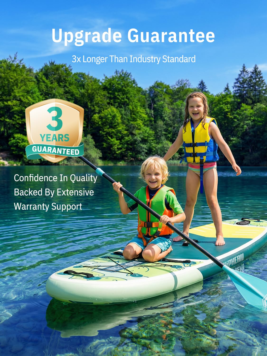 Niphean (Extra Large) Inflatable Paddle Board, SUP for 2+1 People/Family 500lbs Capacity Stand Up Paddle Board with SUP Accessories, StabilTrac Fin Non-Slip Paddleboard for Adults-Yellow