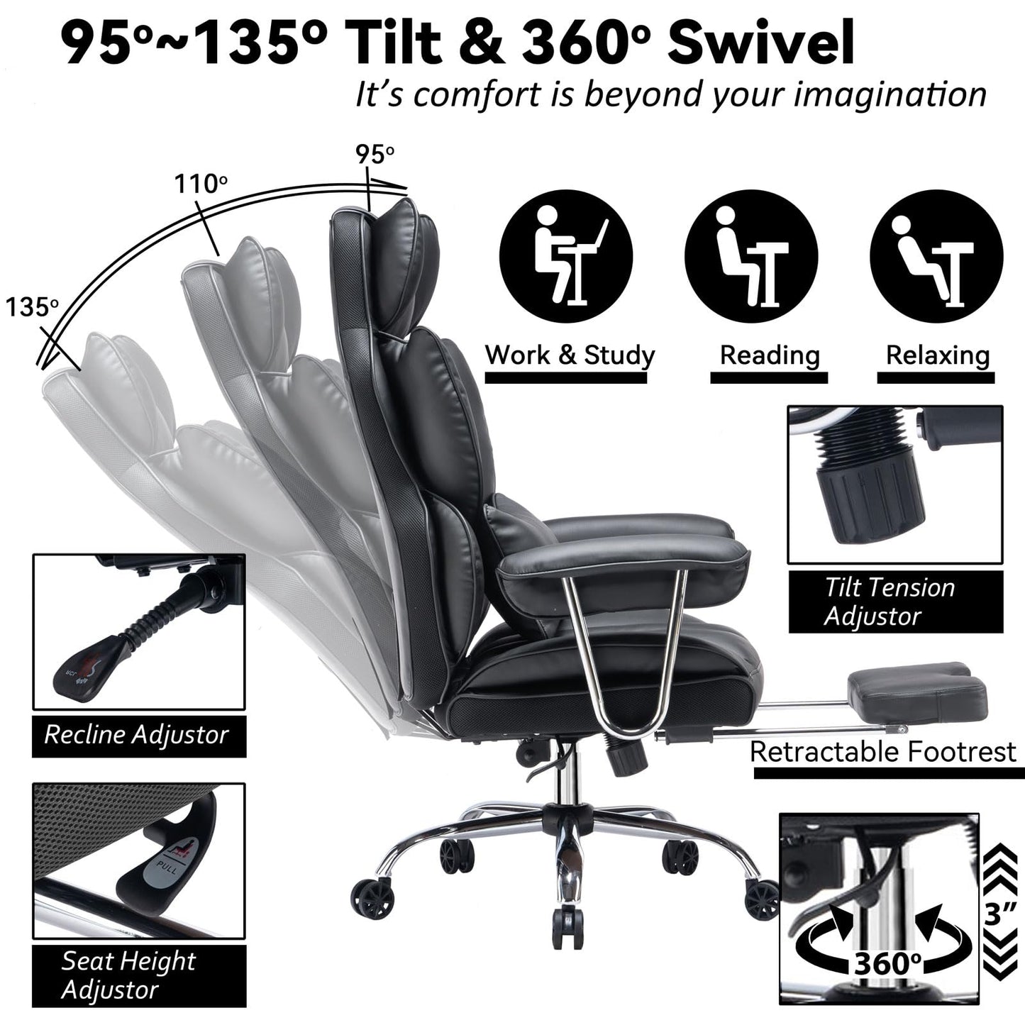 Efomao Big and Tall Office Chair 400lbs – High Back Executive Chair with Swivel Base, PU Leather Upholstery, Lumbar Pillow, Padded Armrests, and Rolling Wheels，Black Computer Chair