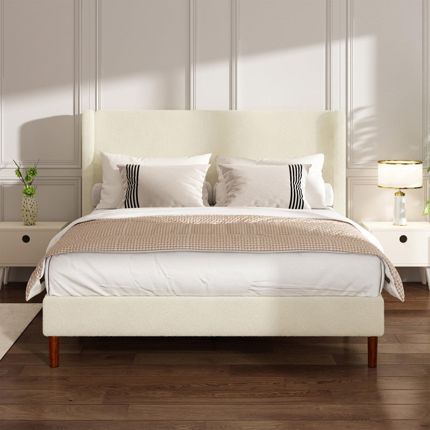 Mxhtcewz Queen Boucle Bed Frame, Platform Bed with Upholstered Wingback Headboard, Strong Wooden Slats Support, Noise-Free, Easy Assembly, No Box Spring Needed, Beige
