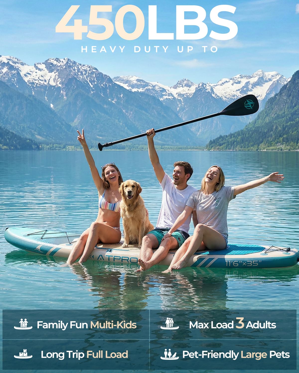 11'6"x35" Inflatable Stand Up Paddle Board 450LBS Weight Capacity Extra Wide Non-Slip Stable Deck Adult SUP with Kayak Seat, Premium Accessories Kit & Backpack – for Yoga, Fishing, Surf