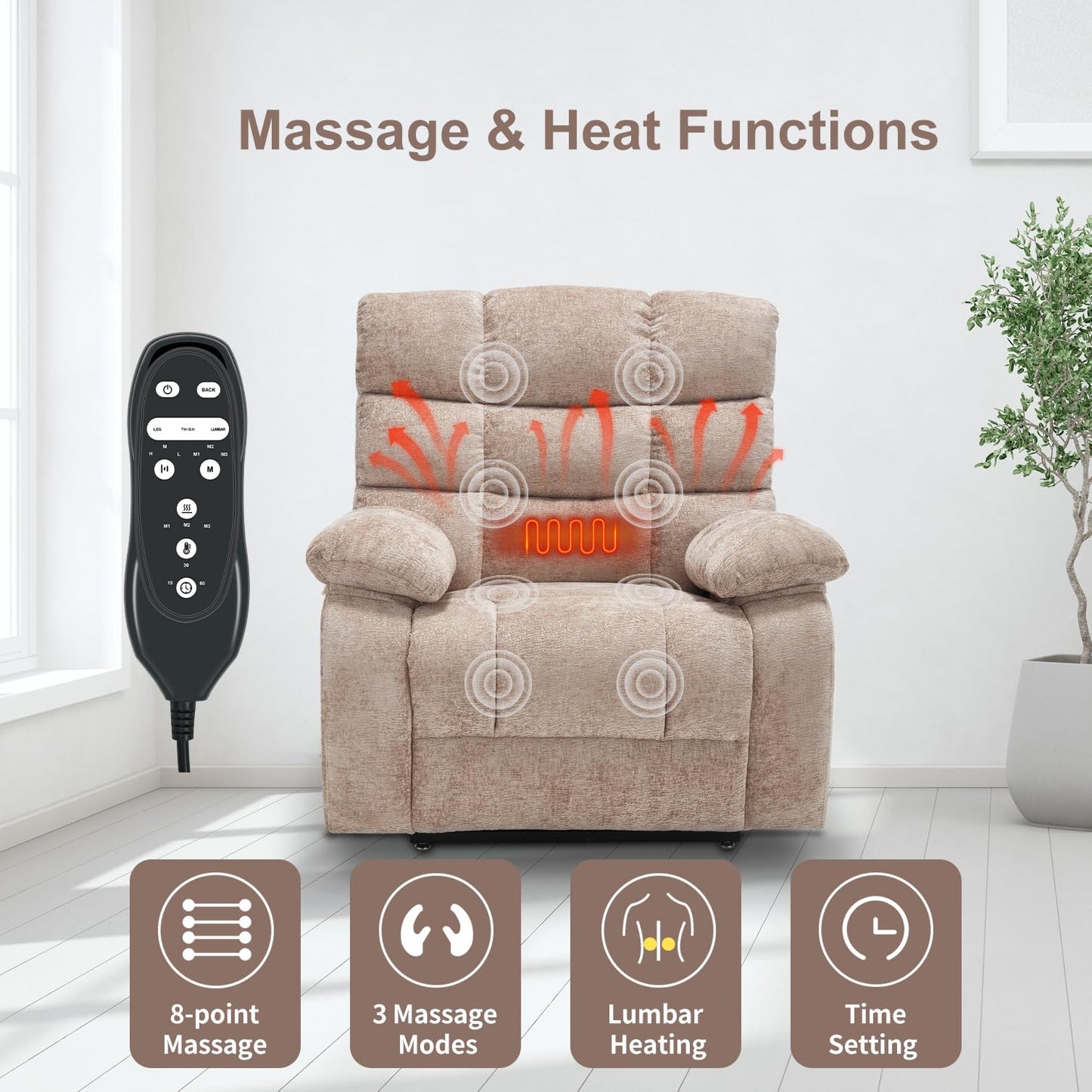 RHHVVR Oversized Power Lift Recliner Chair for Elderly, Dual Motor Lay Flat Recliner Big Chair with Massage and Heating, Chenille Electric Recliner Chairs for Living Room, Medium-Firm, Beige