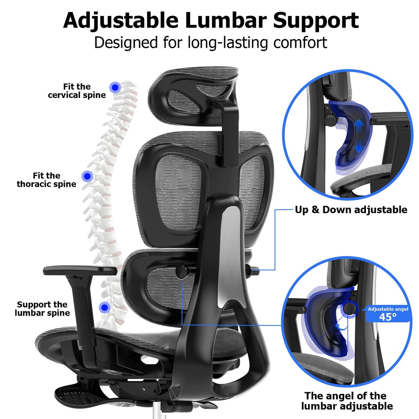 PatioMage Ergonomic Office Chair, Big and Tall Desk Chair with Adjustable Lumbar Support & Seat Depth, High Back Computer Chair, Swivel Mesh Chairs with Wheels for Home Office, Darkgrey