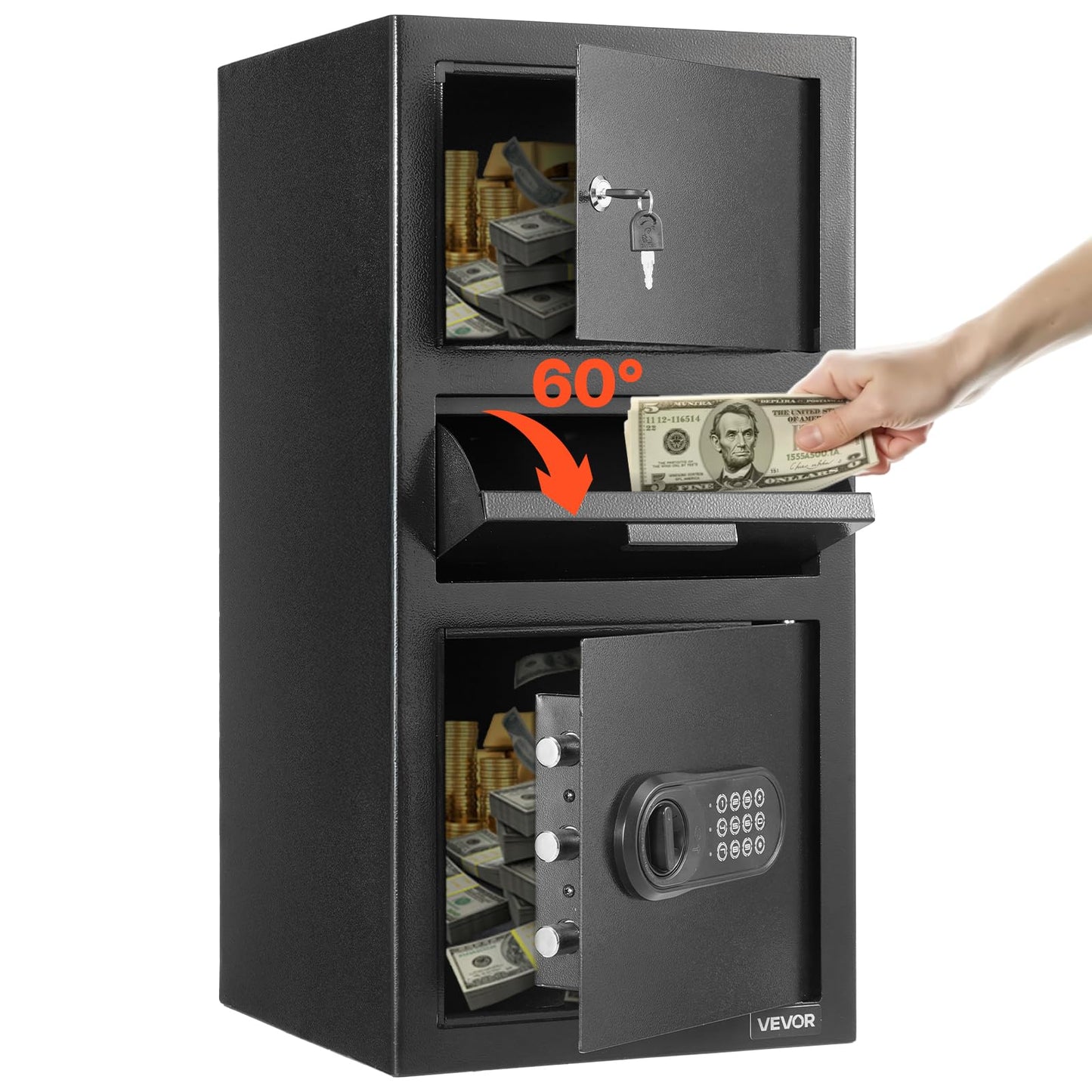 VEVOR 3.6 Cubic Feet Drop Safe, Large Capacity Front Drop Slot Safe Box with Digital Keypad, Heavy Duty 3 Tiers Cash Depository Box with Spare Keys for Cash, Bank Slip, Jewelry, Document, Bill, Black