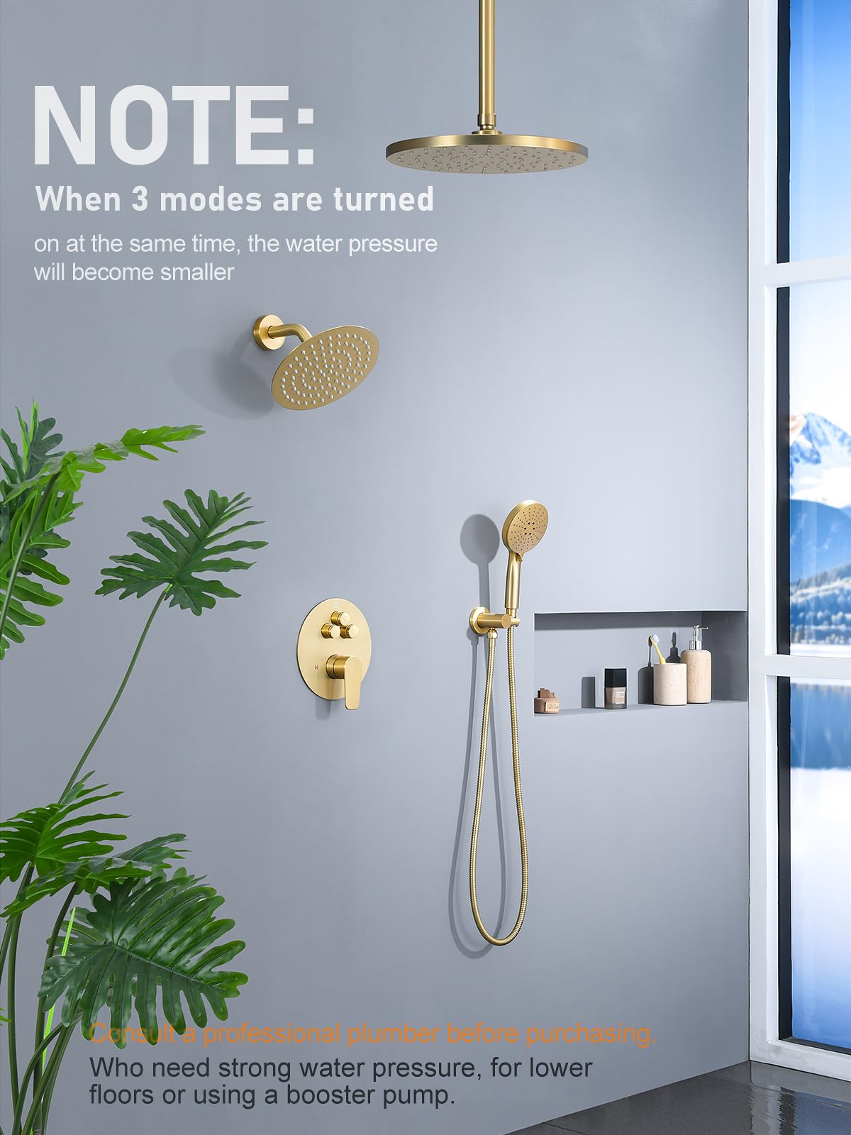 Woindo Shower Faucet Set 10" Rain Shower Head/8'' Side Shower Head and 3 Setting Handheld Ceiling Mount 3 Push Button Diverter Complete Rainfall Round Shower System Included Valve Trim Kit