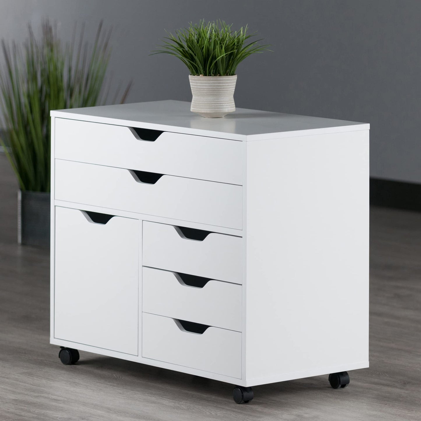 Winsome Halifax Mobile Storage Cabinet with 1 Door & 5 Drawers in White, Stylish & Functional Home Storage Cabinet for Filing, Kitchen Organization, Moveable Furniture for Office, Dorms, Apartments