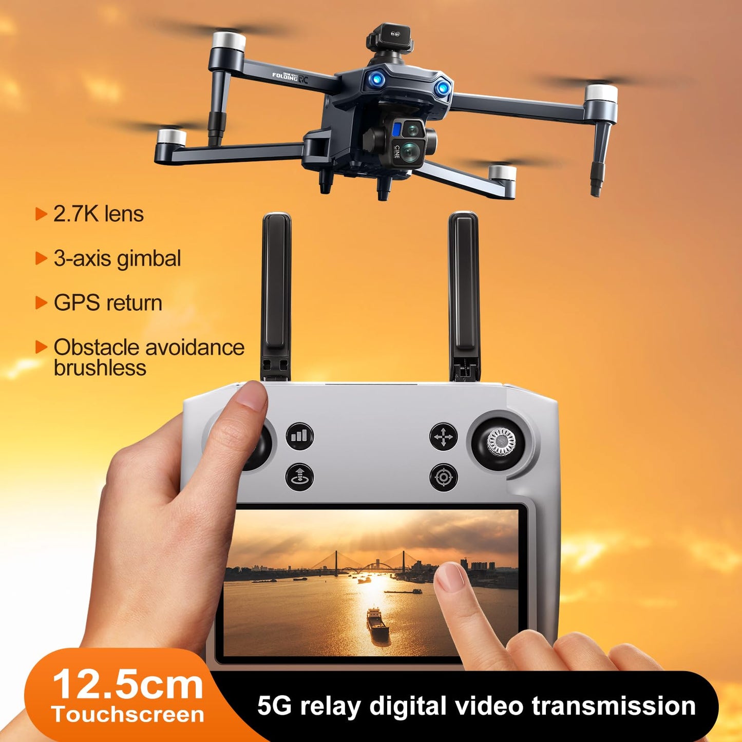 GPS Drone with One Key Airdrop (1 pound), 5G Technology, Brushless Motor, 360° Laser Obstacle Avoidance, 5 Inch Touch - Screen Display Remote Controller, 2.7K Real Pixels, 3 Axis Gimbal Camera, Auto Return (Go Home), One Key Follow (Follow me), Speed Adju