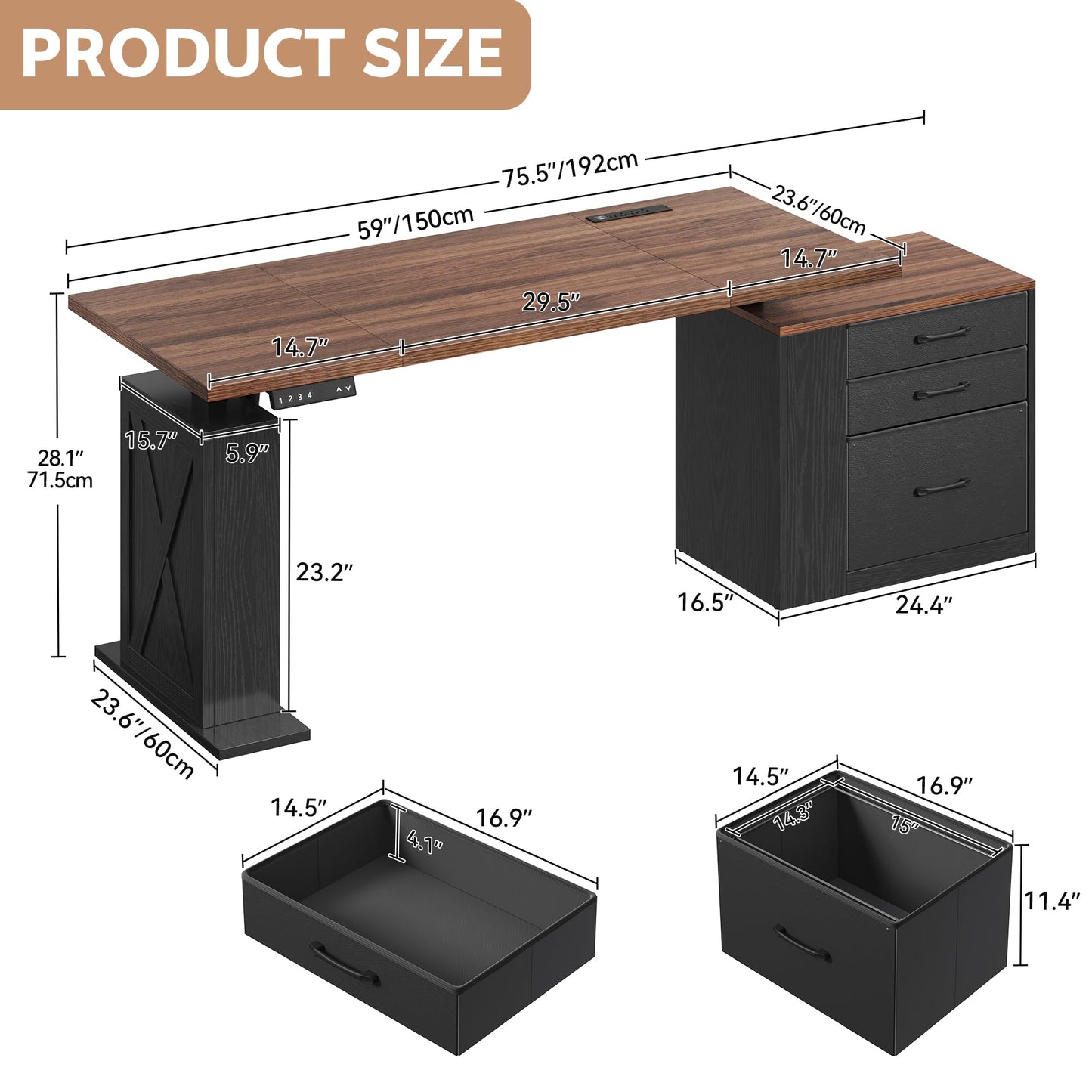 Homiflex 75.5 Inches Electric Standing Desk with Drawers Farmhouse Sit Stand Desk with Storage Adjustable Height Computer Desk with Power Outlets Printer Space for Home Office Black and Walnut