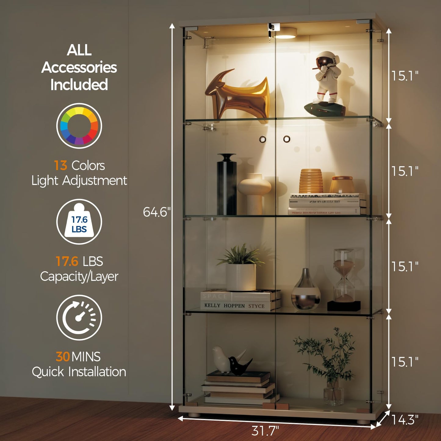 IDEALHOUSE Tempered Glass Display Cabinet with LED Light, 4 Shelves Lockable Curio Showcase, Double Doors Storage Cabinet for Living Room Bedroom Office, White (64x31.7x14.3 in)