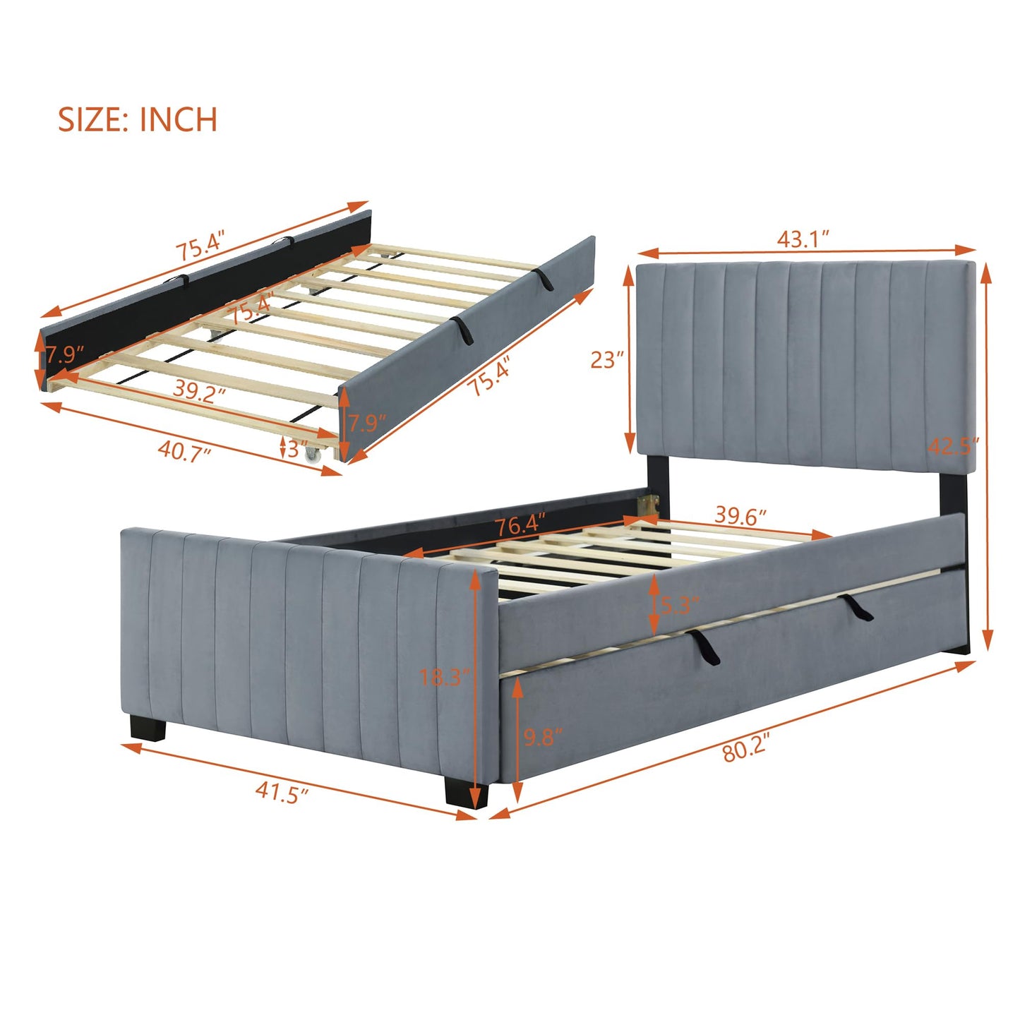 Merax Twin Size Velvet Upholstered Platform Bed, Wood Bed Frame with Twin Size Trundle, Gray
