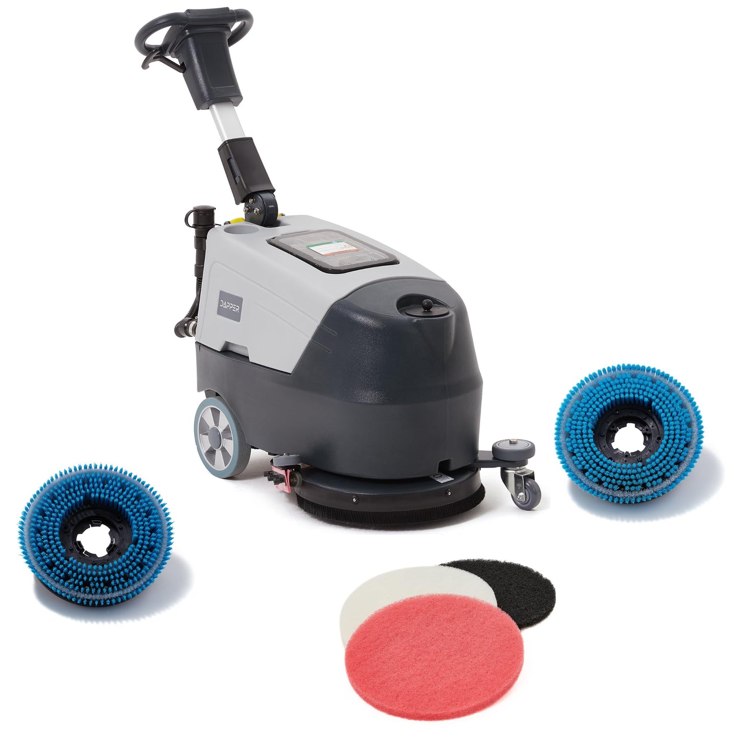 Battery Powered Walk Behind Floor and Carpet Scrubber Buffer Polisher Machine, 16" Brush, 21.5" Squeegee Width, 6.5 gal Tank, Brush Speed 200 RPM, Includes a Hard Brush Soft Brush and 3 Scouring pads
