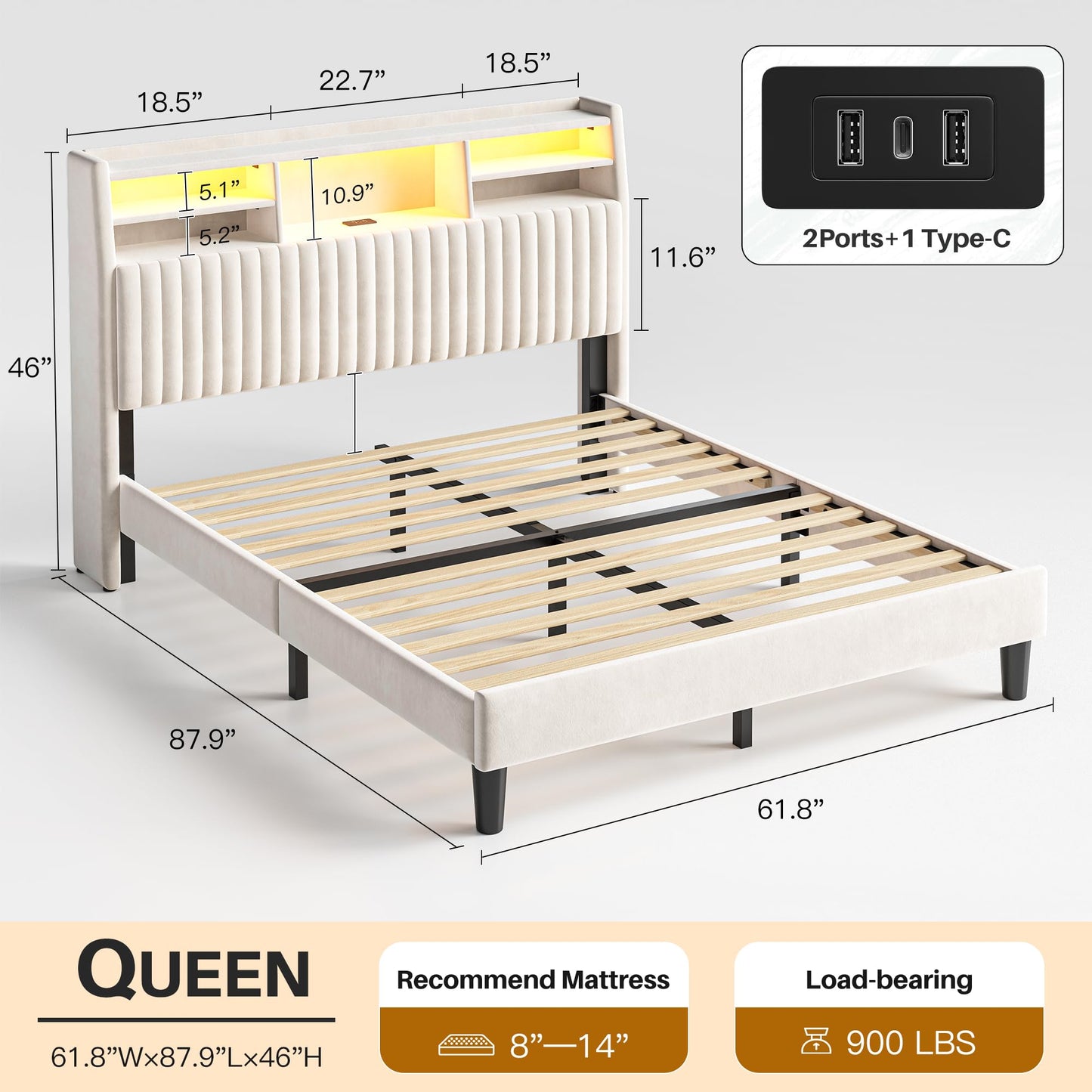 Homkdom Queen Bed Frame, Upholstered Bed Frame with Vertical Channel Tufted Headboard,Velvet Bed Frame Queen with Charging Station and LED Lights, Wooden Slats, Noise Free, Beige