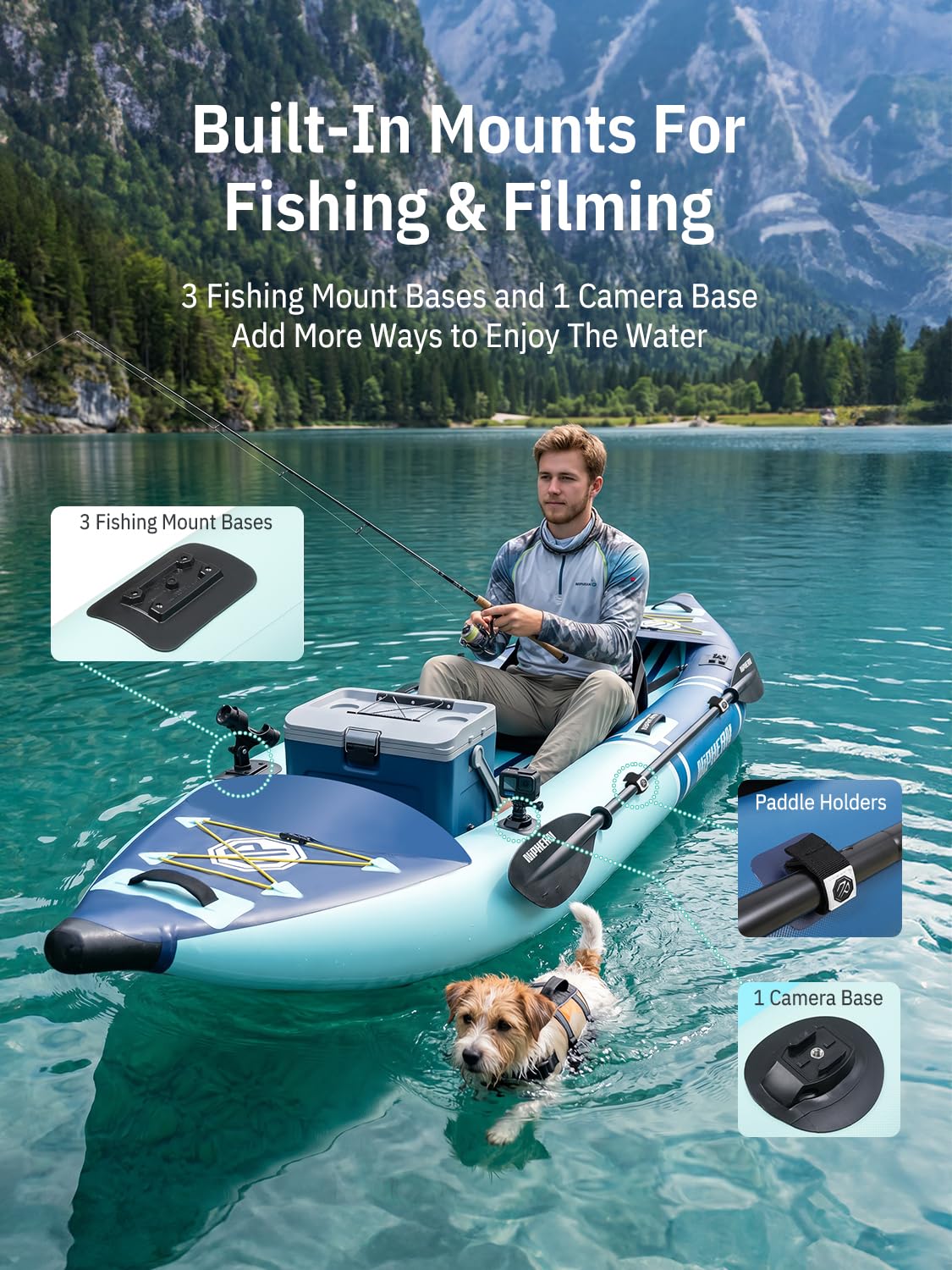 Niphean Inflatable Kayak 2 Person, 12'6" Tandem Kayak with 500lb Capacity, 3-Chamber Stable Design, Drop-Stitch Floor, with Fishing Mounts, Camera Base, Kayaks Seats for Lakes, Touring, Fishing