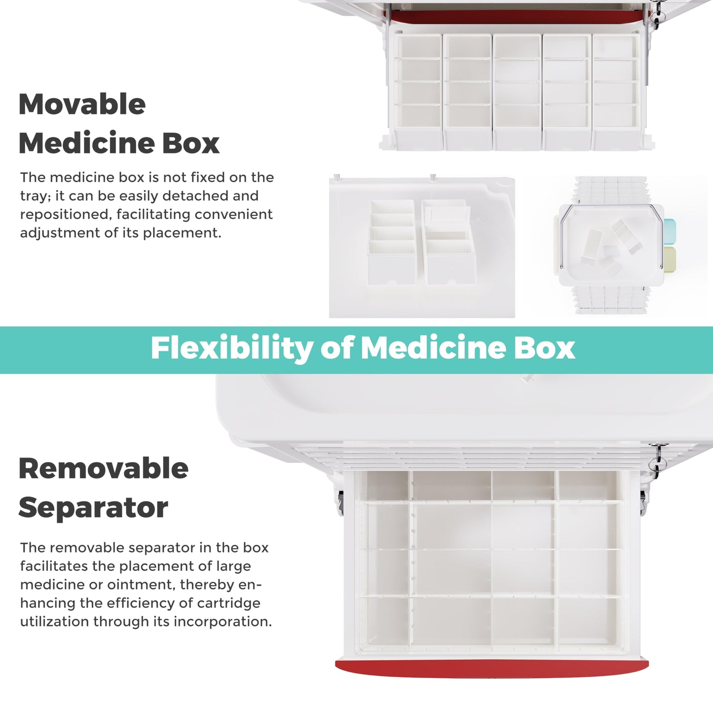 OLERN Medication Bins Cart with 200 Bins, 10 Drawers - Dual-Sided Open, 50 Medicine Boxes, Hidden Sub Workbench, Silent Casters, Container, 2 Trash Bin-Medical Crash Cart for Clinic, Hospital and Lab
