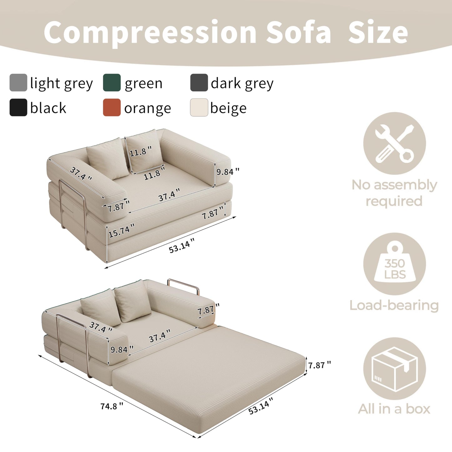 4 in 1 Convertible Sofas Boneless Couches with 2 Pillow, Modern Corduroy Futon Bed, Modular Queen Sofa with Pull-Out Bed, LoveSeat for Living Room, Small Space Apartment (Beige, 53.15"Double Sofa)