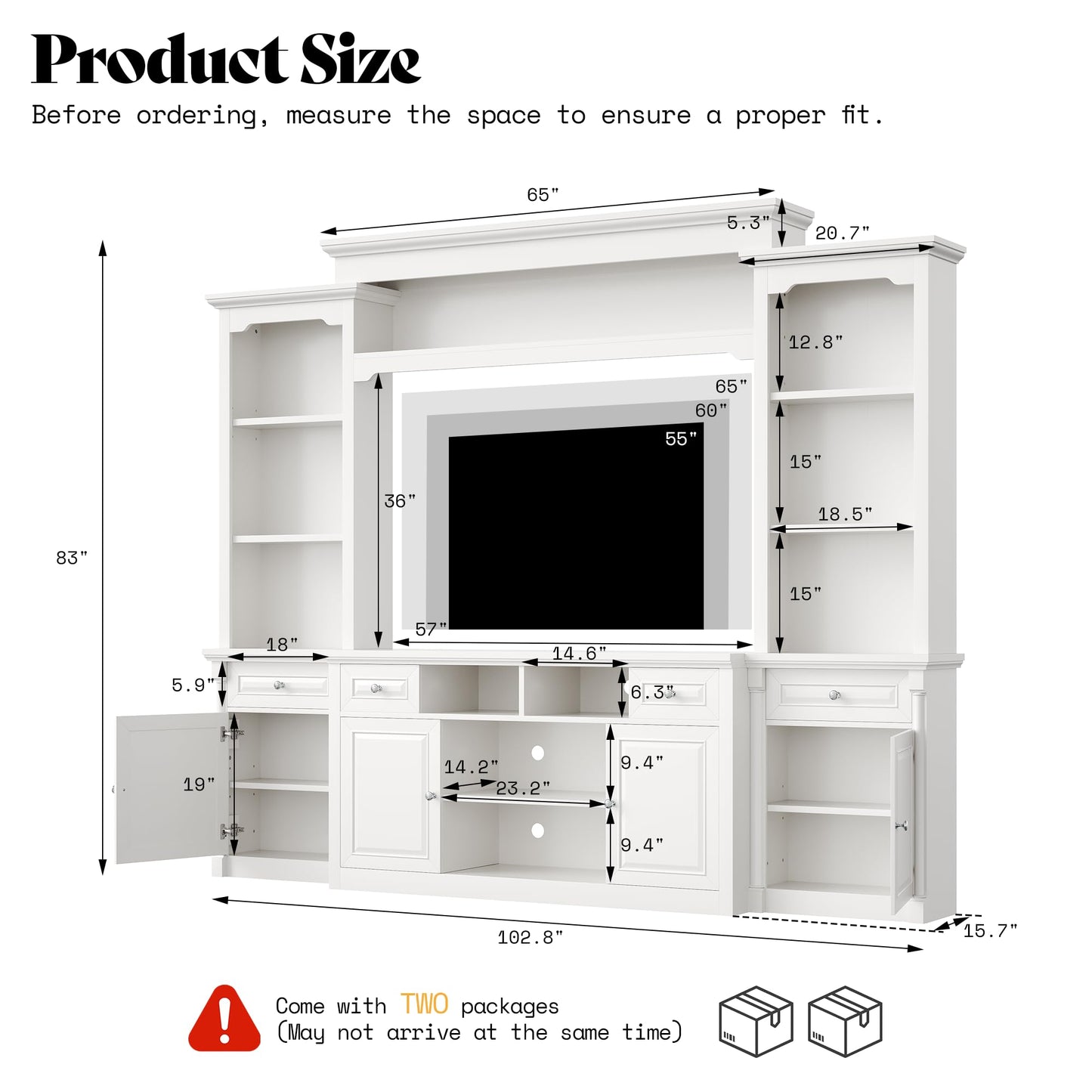 AMERLIFE 102.8" Wall Unit Entertainment Center with Bookshelves for TVs up to 65", Multifunctional TV Stand Media Console with Cabinet & Storage Drawer & Adjustable Shelf for Living Room,White