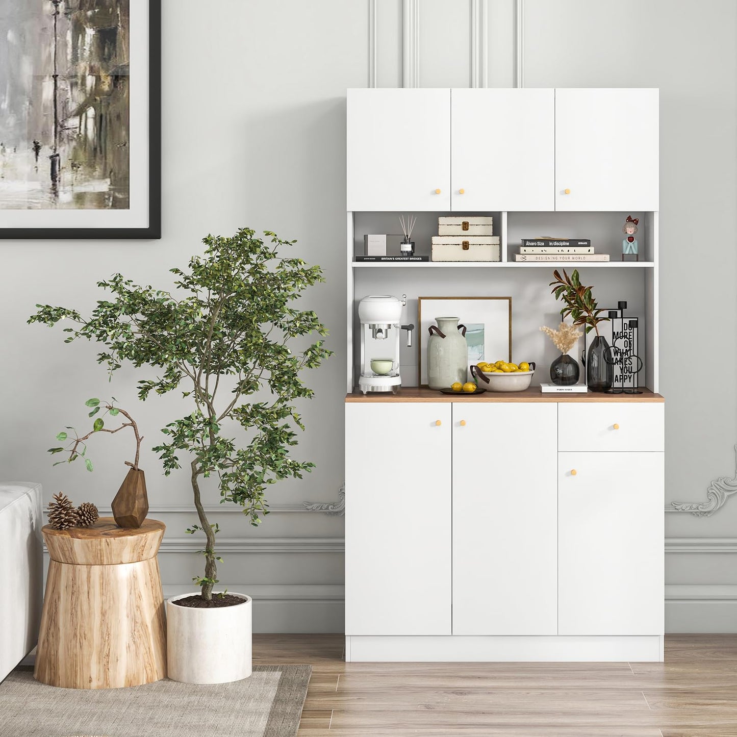Giantex Kitchen Pantry Cabinet, 71” Tall Buffet Cabinet with Hutch, Built-in Power Outlet, 6 Doors Storage Cabinets, Drawer, Adjustable Shelves, Standing Cupboard for Dining Room Living Room (White)