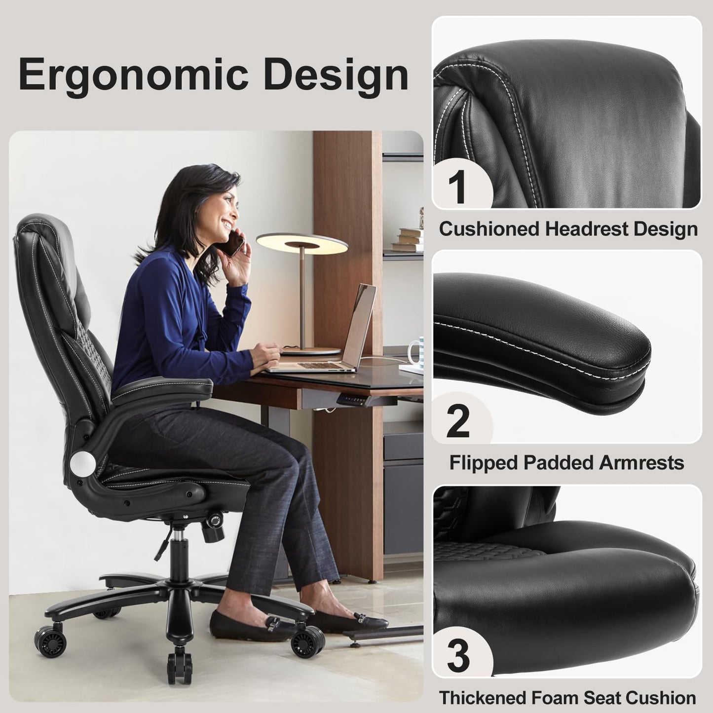 ZLHECTO® Big and Tall Executive Office Chair, PU Leather Swivel Desk Chair with Flip-up Arms, Adjustable Lumbar Support, Space-Saving Height Adjustable Rolling Computer Chair for Home & Office Use