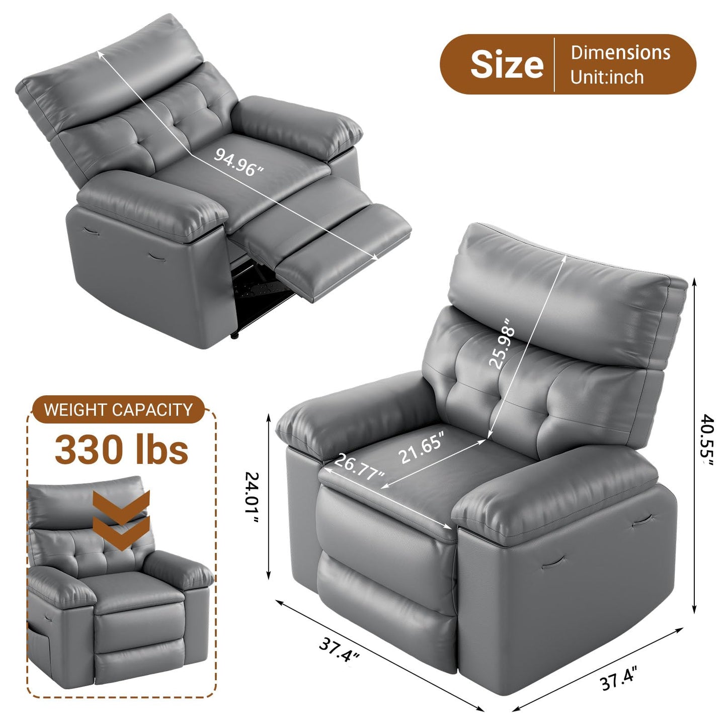Power Recliner Chair,Rocking Recliner for Adults,Swivel Recliner with Massage,Upholstered Fabric Glider Recliner Nursery Chair,Single Sofa Seat with Side Pockets for Living Room,Grey