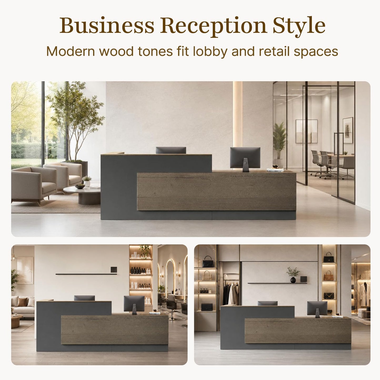 Nuipesn 79" Modern L-Shaped Reception Desk, Front Desk Counter with Drawer, Keyboard Tray and Storage Shelves, Right Layout, Tobacco Wood and Iron Gray
