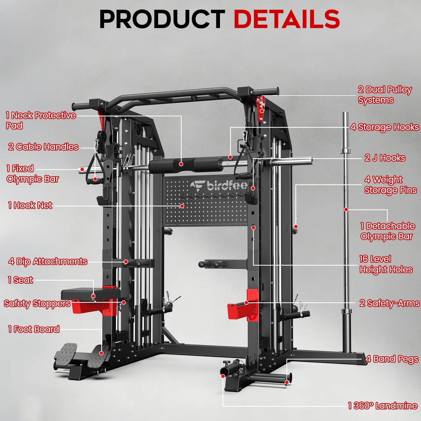 Birdfeel Multi-Function 2000LB Smith Machine Power Cage, Home Gym Squat Rack Featuring LAT Pulldown, Dual Pulley Cable Crossover, Gym-Quality Power Rack with Strength Training Attachments, Pegboard