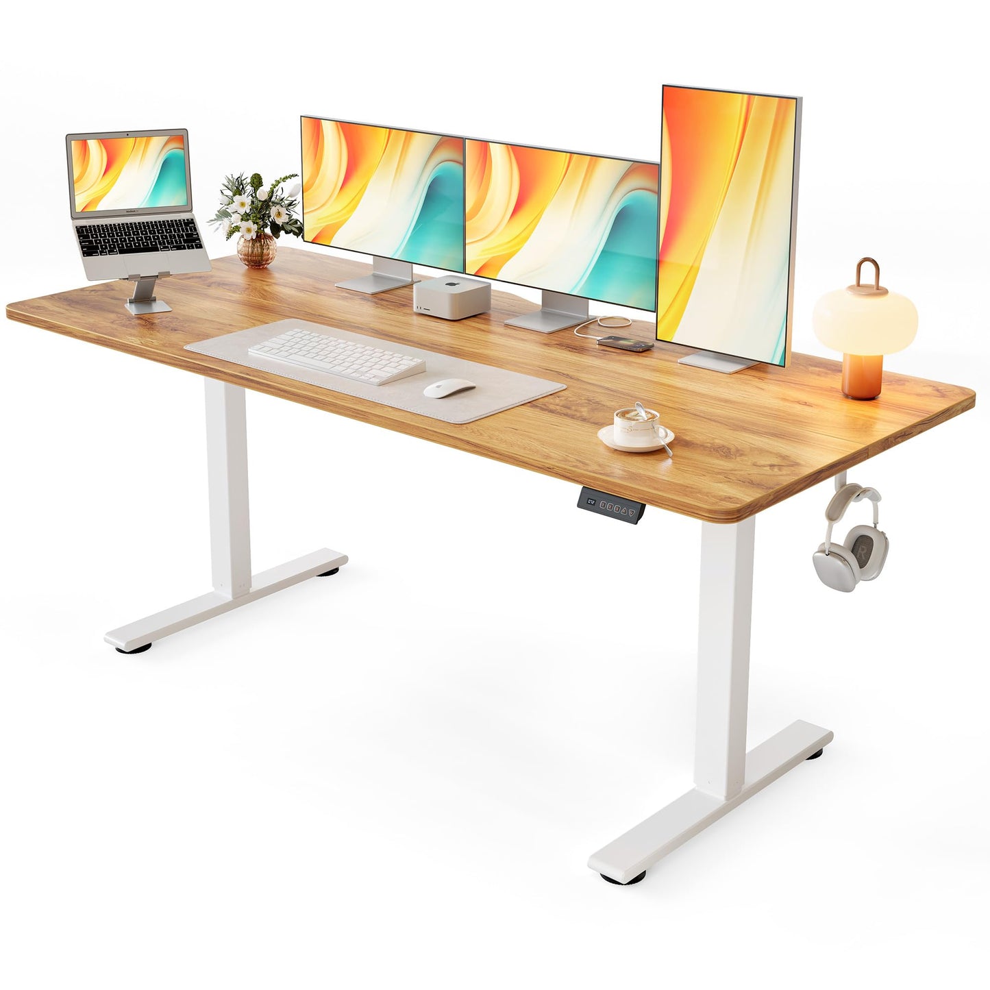 Cubiker Standing Desk, 63x28 Inches Sit Stand Home Office Desk, Electric Stand up Desk, Adjustable Desk with Splice Board, White Frame/Light Rustic Top