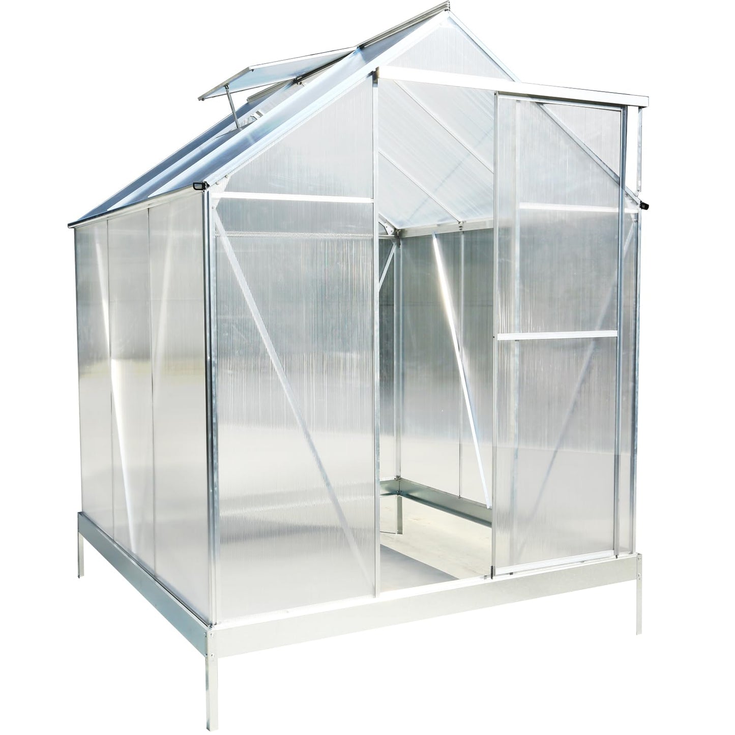 KEIKI 6.3x6.2FT Polycarbonate Greenhouse Walk-in Heavy Duty Outdoor with Aluminum Frame, Clear Panels, Rain Gutter, Adjustable Vent, Sliding Door for Backyard Nursery, UV Safe, Silver