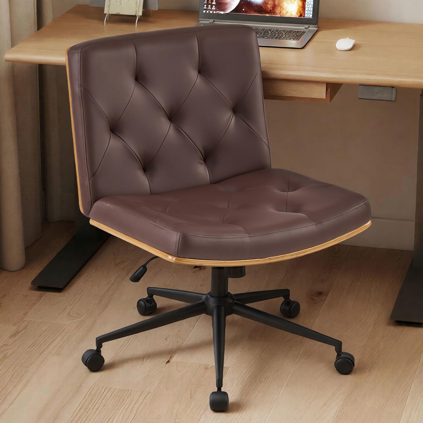 Furnimart Heavy-Duty Curved FSC Wood Desk Chair 360° Swivel, Faux Leather Criss Cross Chair with Wheels Wide Seat, Comfy Armless Cross Legged Sitting for Bedroom, Office, Vanity (PU Brown)
