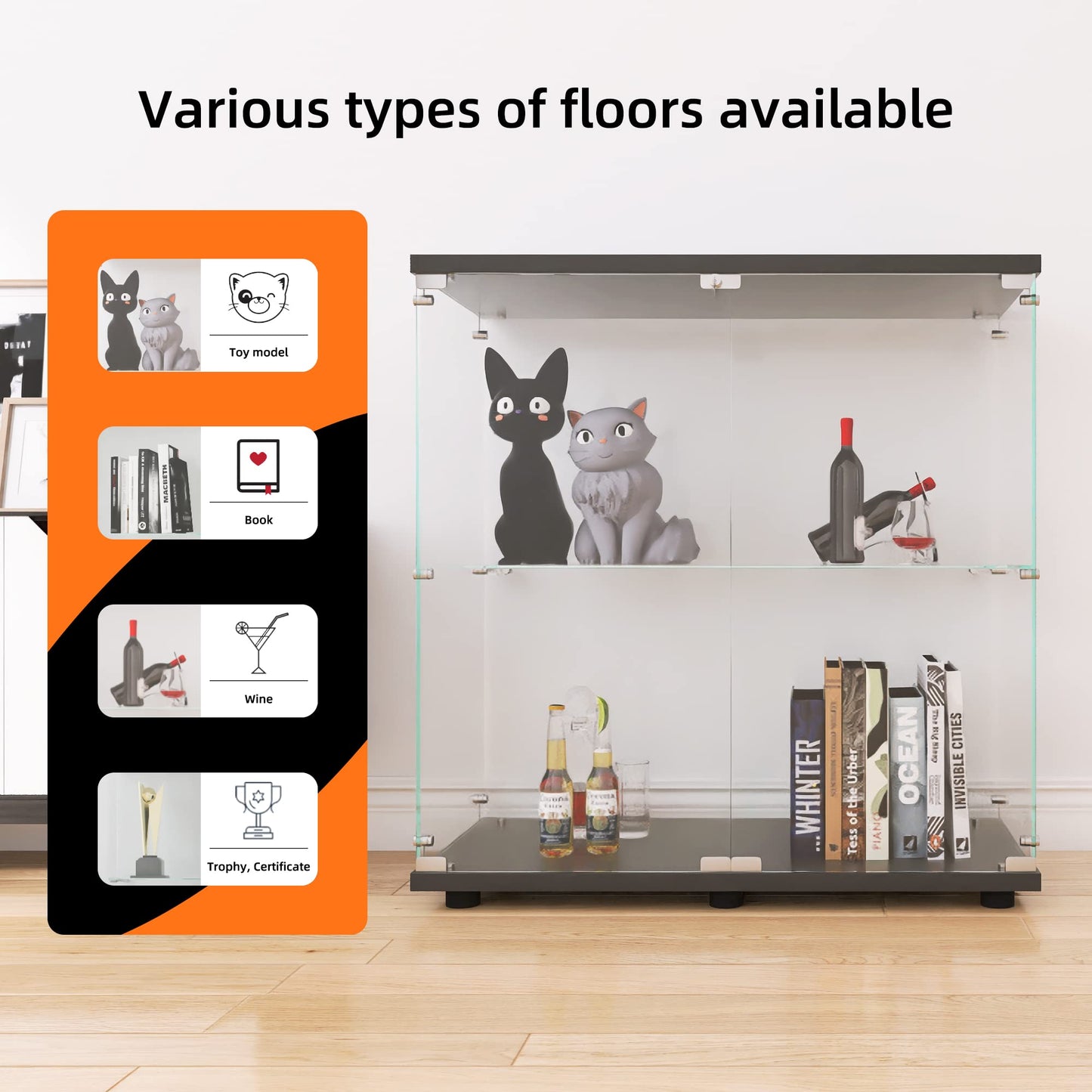 LFT HUIMEI2Y Glass Display Cabinet 2-Shelf with Double Door, Curio Cabinets Fast Installation in 30 Mins, Tempered Glass Floor Standing Bookshelf for Bedroom, Living Room 32.8”x 31.7”x 14.4” Black
