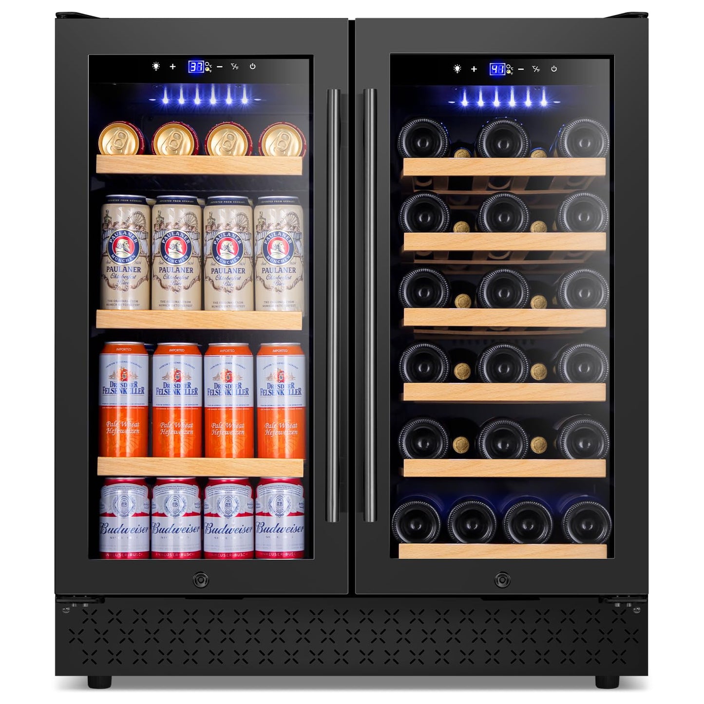 Tylza 30 Inch Wine and Beverage Refrigerator, Dual Zone Wine Beverage Cooler 30" with French Door, Under Counter Wine Beer Fridge Built-In or Freestanding, Holds 29 Bottles and 110 Cans, Black