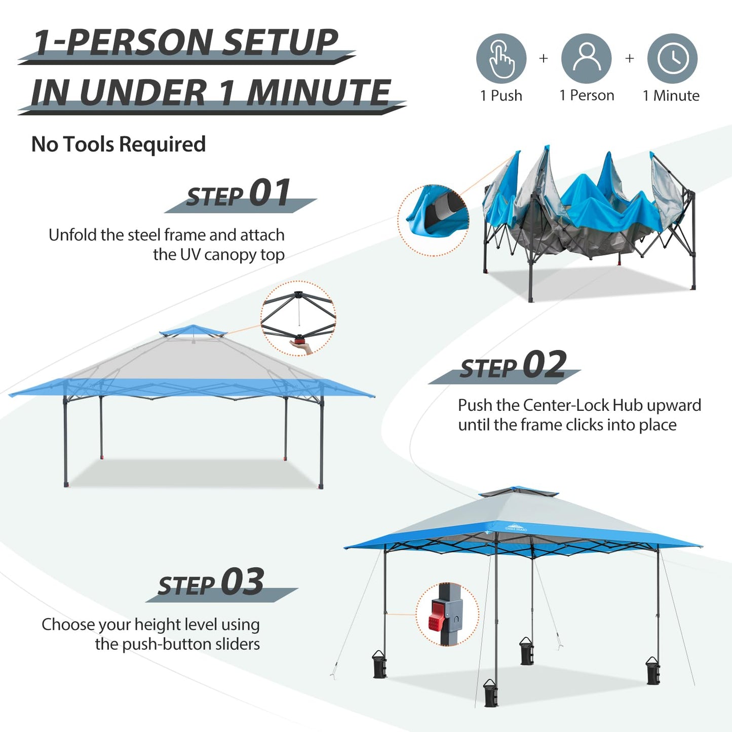 EAGLE PEAK 13x13 Straight Leg Pop Up Canopy Tent Instant Outdoor Canopy Easy Single Person Set up Folding Shelter w/Auto Extending Eaves 169 Square Feet of Shade (Light Blue)