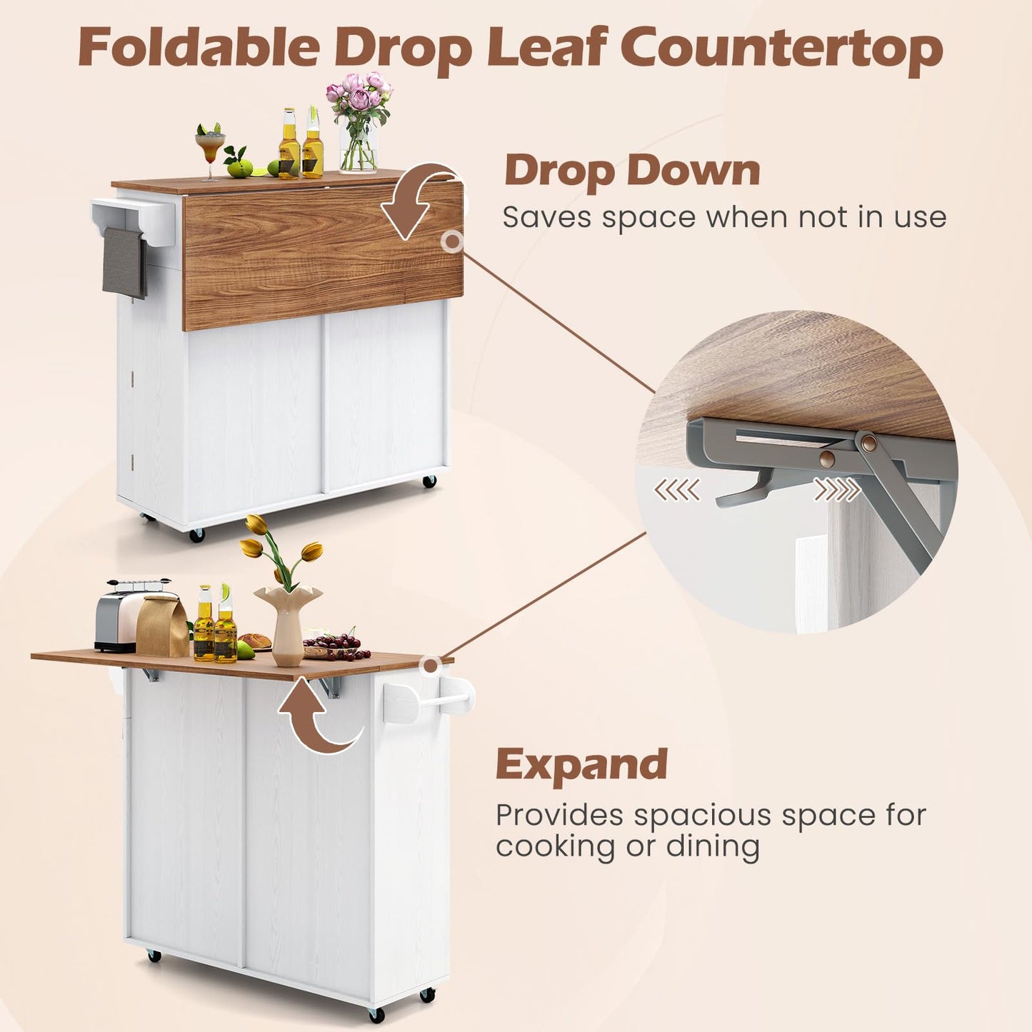 Giantex Kitchen Island Cart with Hidden Tilt Out Trash Can Cabinet, Drop Leaf, 2 Drawers, Towel Rack, Rolling Mobile Breakfast Bar Table, Wood Kitchen Storage Cart on Wheels (White & Natural)