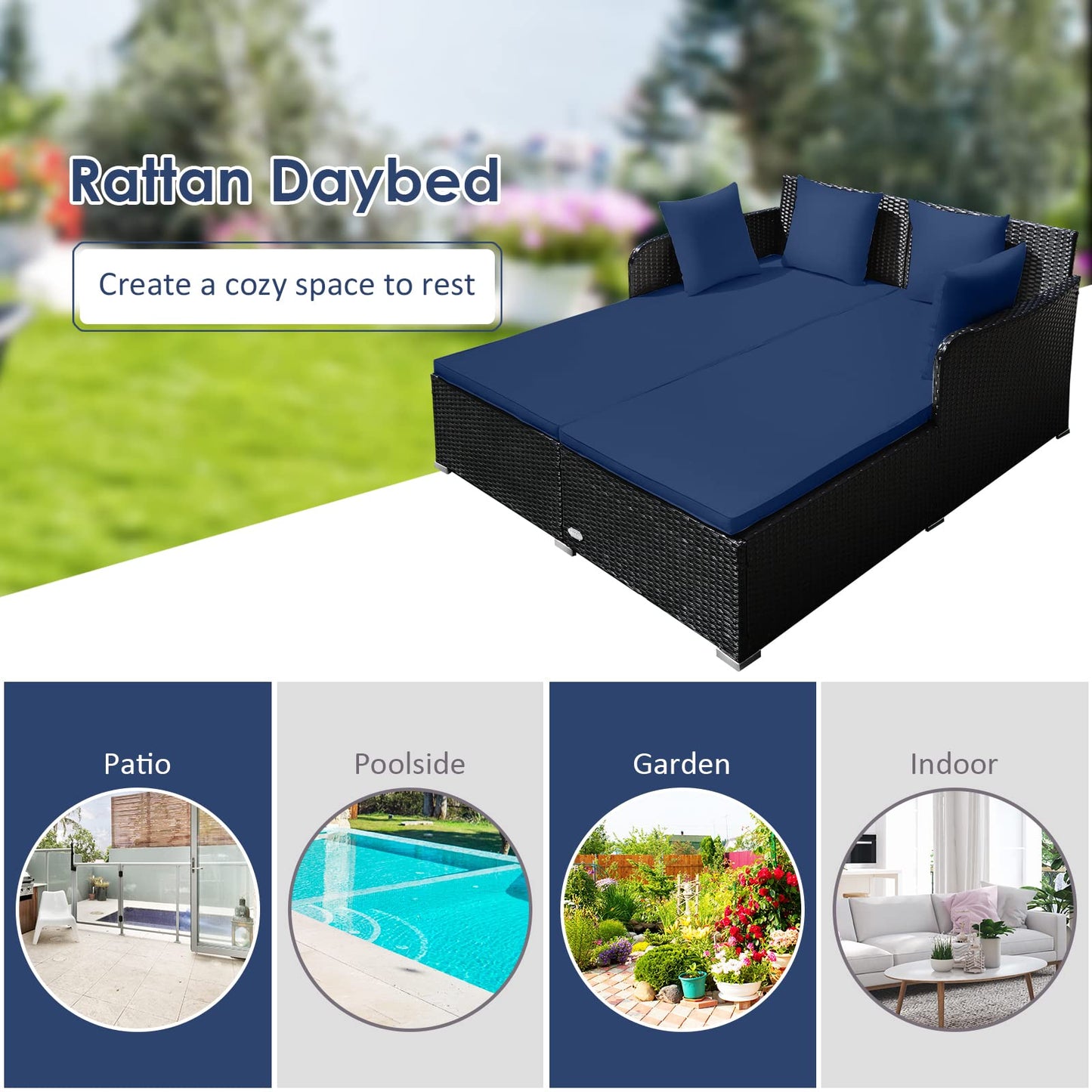 Tangkula Outdoor Rattan Daybed, Sunbed Wicker Furniture w/Spacious Seat, Upholstered Cushion & High-Resilience Sponge, Wicker Patio Sofa Set w/Extra Pillows for Courtyard Poolside (Navy)