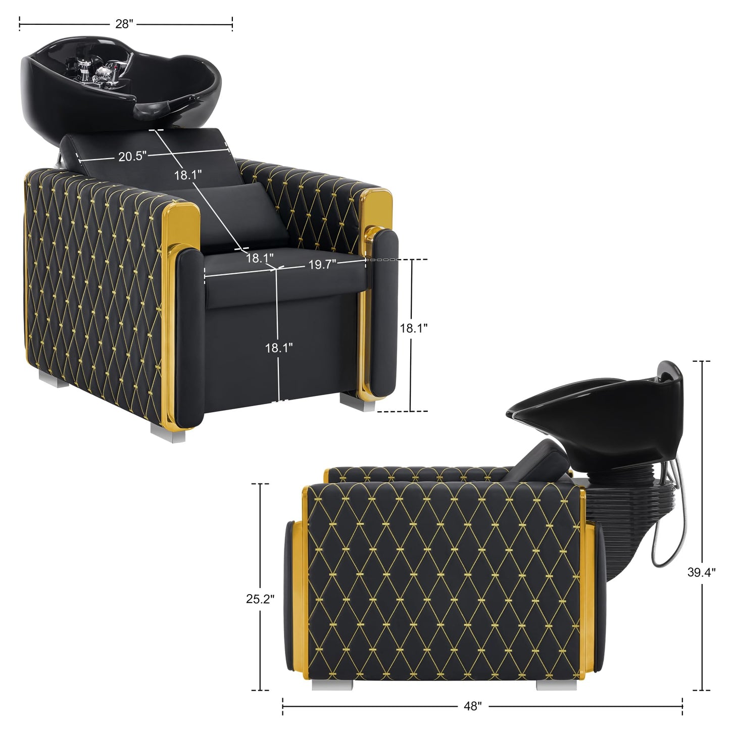 BarberPub Backwash Shampoo Station Chair, Porcelain Ceramic Bowl Sink Unit for Hair Stylist, Gold&Black Shampoo Chair with Vacuum Breaker for Beauty Spa Salon 8690