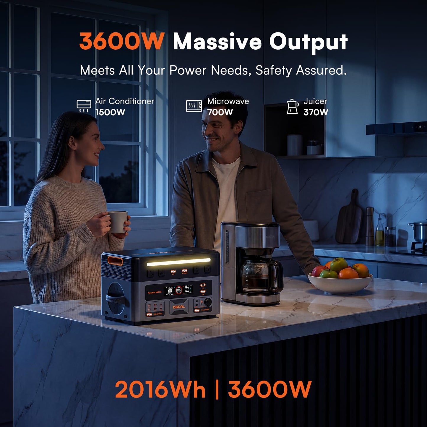 OSCAL 3600W Portable Power Station, 2016Wh LiFePO4 Battery, 3600W(Peak 7200W) Solar Generator, 90 Min Fast Charge, 14 Ports, LED Light, Home Backup, RV, Camping & Outdoor, Optional Solar Panel
