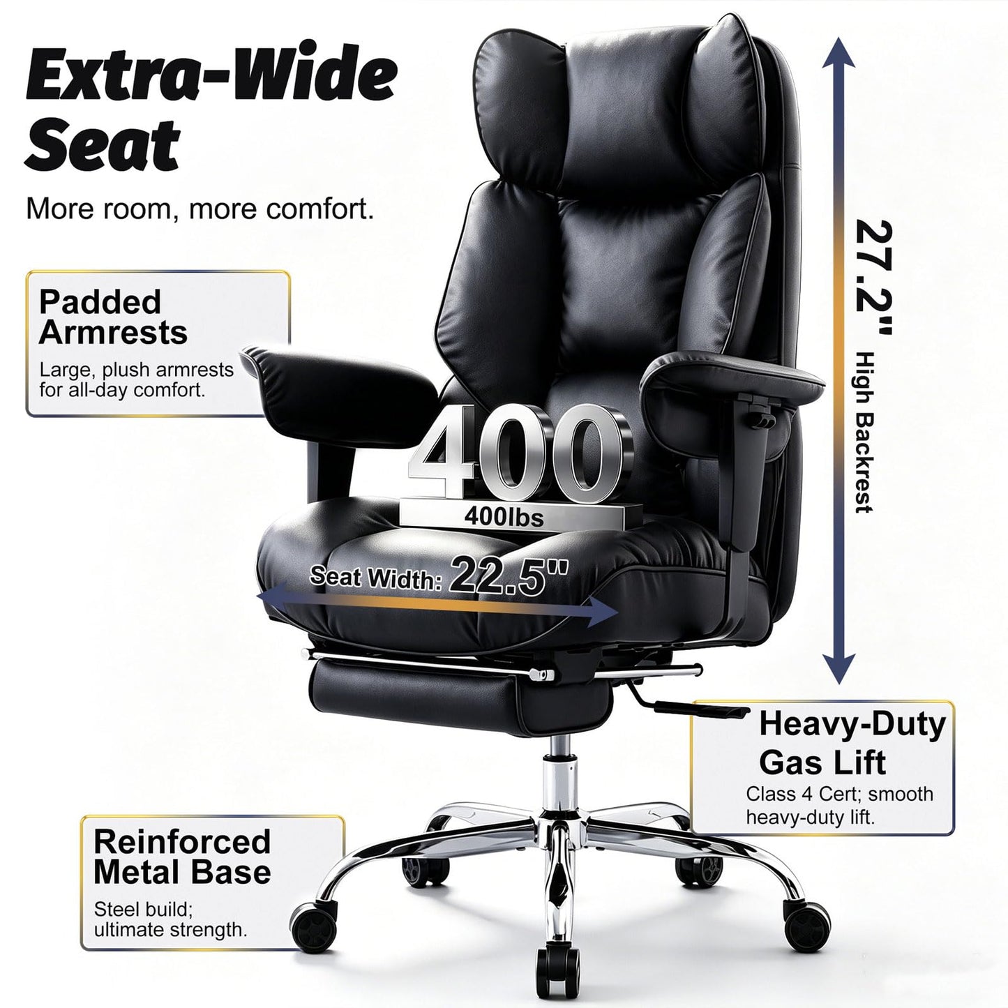 Efomao Big and Tall Office Chair 400lbs - Heavy Duty Reclining Desk Chair with Footrest, Spacious High Back PU Leather Executive Chair, Double-Layer Spring Support, Black