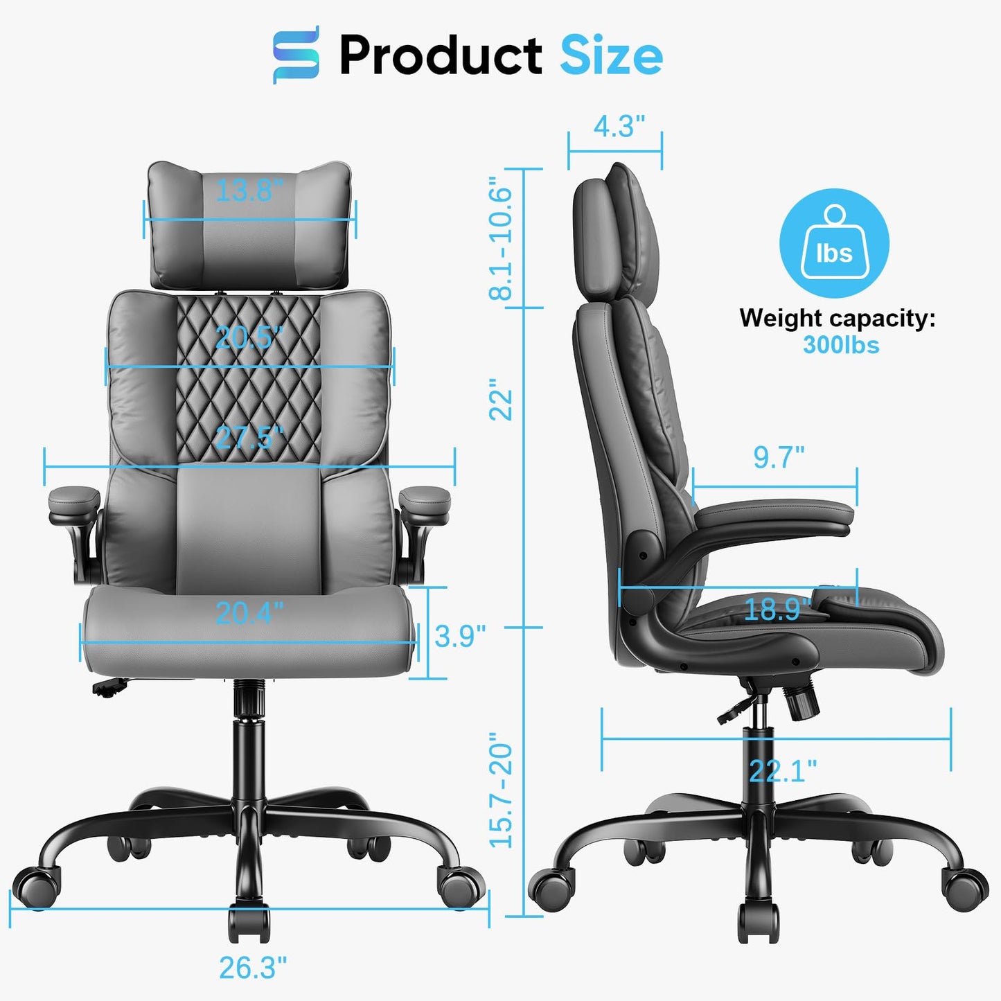 Sytas Ergonomic Office Chair with Adjustable Headrest, Executive Leather Desk Chair with Upgraded Lumbar Support for Lower Back Pain Relief, Thickened Backrest Computer Chair for Home Office, Gray