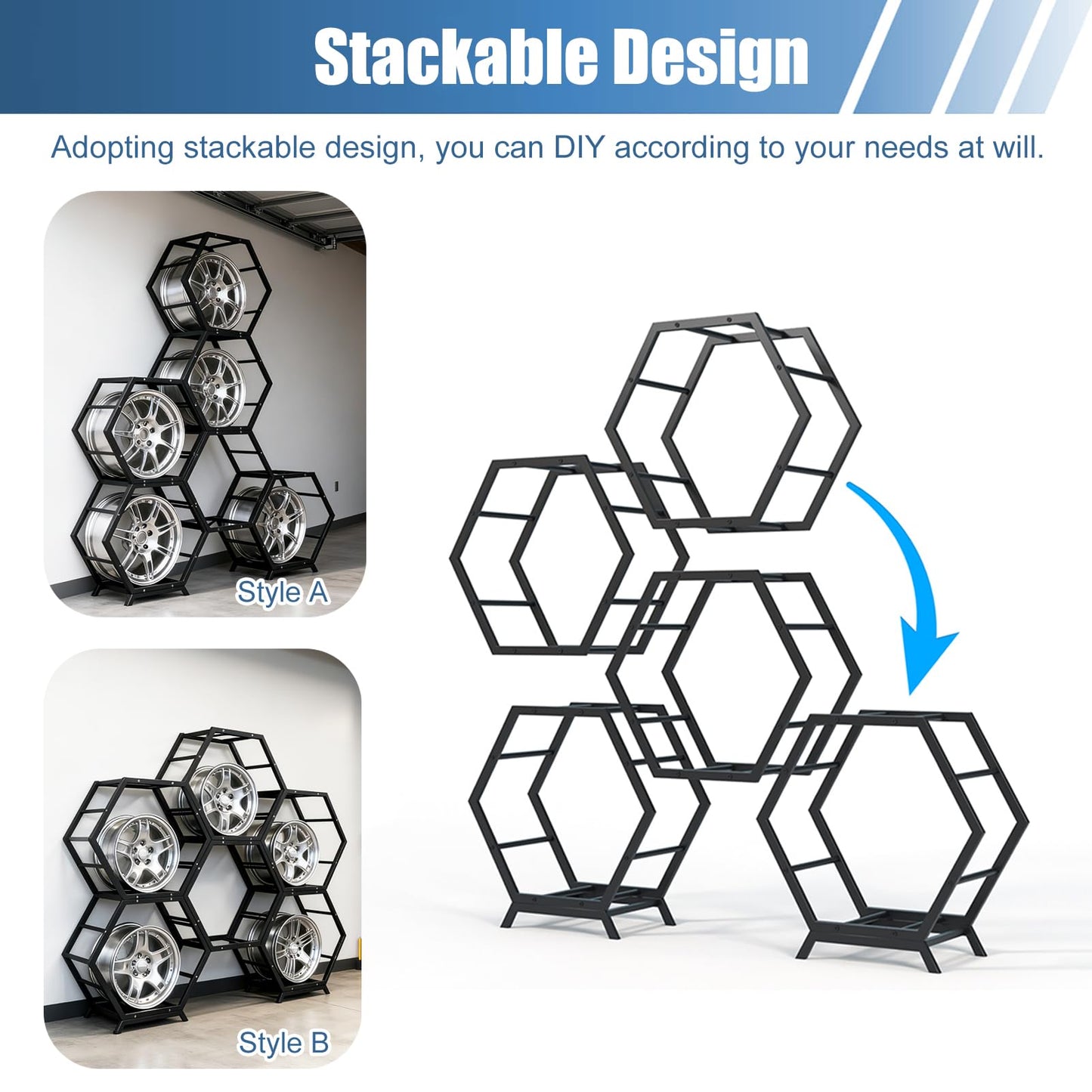 Renvan Heavy Steel Wheel Display Rack, Car Rim Rack Holds 9 Rims, Stackable Car Wheel Stand for Garage, Auto Repair Shop, Tire Store (6 frames + 2 bases)