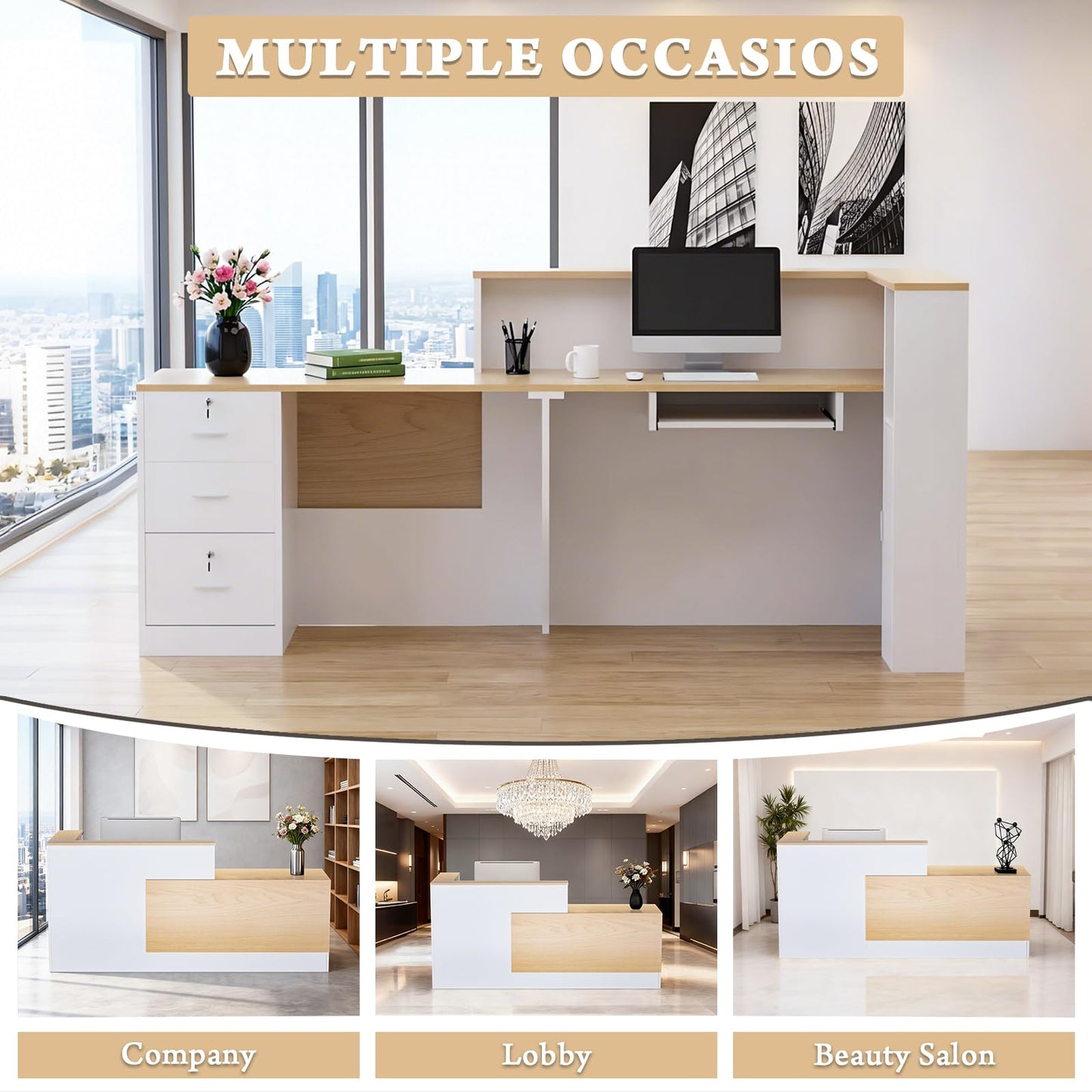 L-Shaped Large Wooden Reception Desk, Modern Front Desk Reception Counter with Lockable Drawers & Storage & Keyboard Tray, for Checkout, Lobby (Left-Natural wood/White, 71''L x 42''W x 41''H)