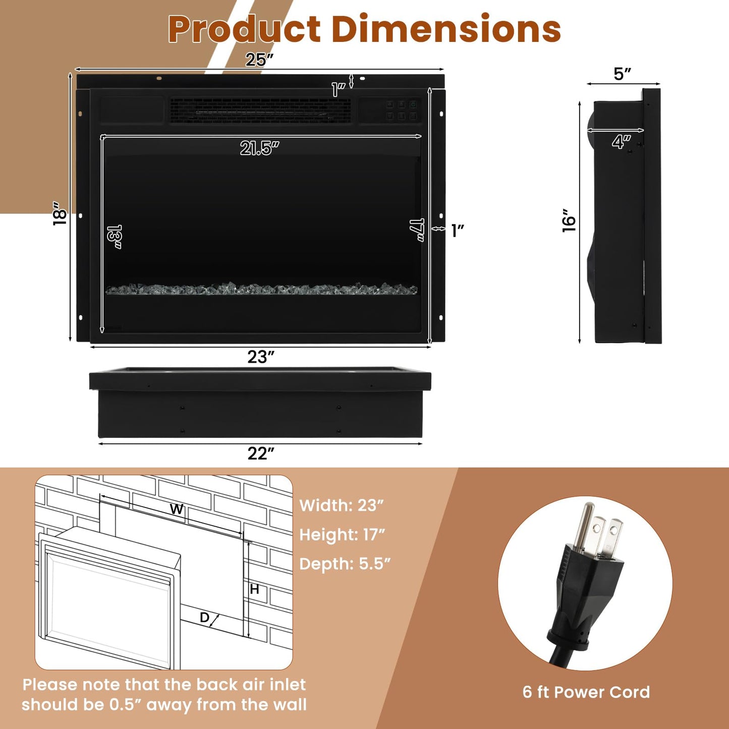 SIMOE 23" Electric Fireplace Inserts, 1500W Recessed Fireplace Heater with Remote Control, 6 Flame Colors & 5 Brightness, 8H Timer, Infrared Quartz Fireplace Insert for Indoor, 23" W x 17" H