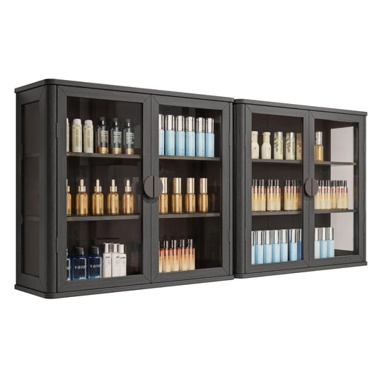 FIMELLO 56’’W Wall Cabinet with Tempered Glass Doors, Bathroom Cabinet Wall Mount, Kitchen Wall Cabinet, Floating Cabinet for Bathroom, Wall Mount Salon Station for Barber, Beauty, Black