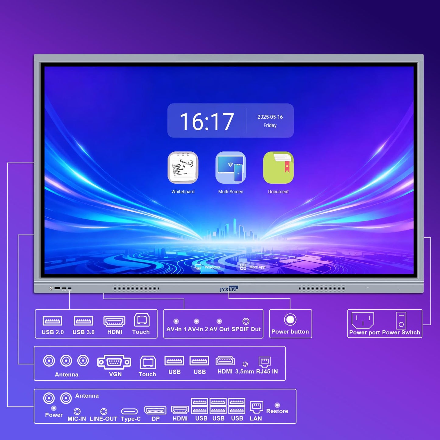 JYXCN 55" 4K Dual-OS Smart Board – Android 11 & Windows 10 Pro | 20-Point Touch for Offices, Classrooms, Church | Wireless Sharing, Wall Mount Included