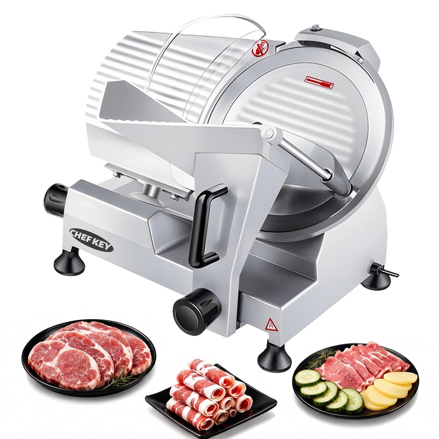 CHEF KEY Commercial Meat Slicer, 10 inch Electric Food Slicer, 240W Frozen Meat Deli Slicer, Premium Chromium-plated Steel Blade Semi-Auto Meat Slicer For Commercial and Home use