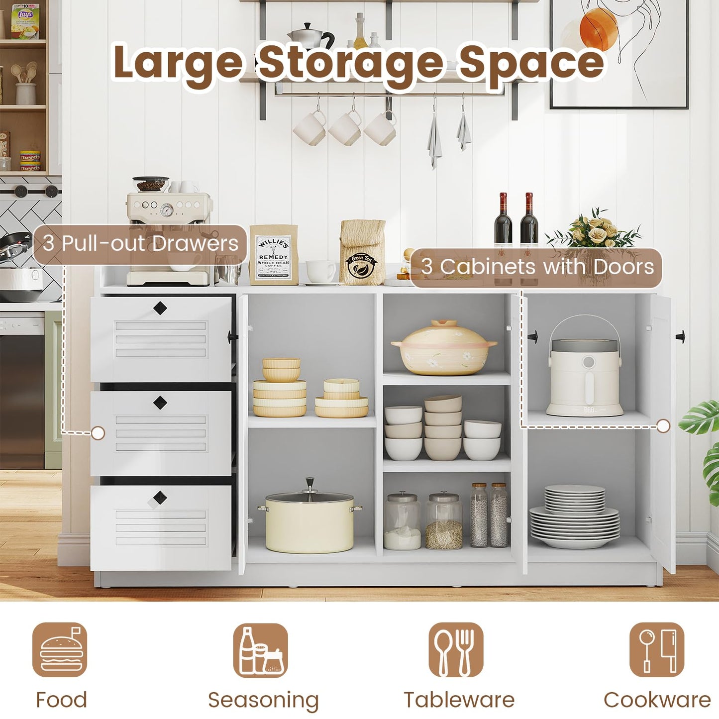 Giantex 63'' Buffet Cabinet with Storage, Modern Sideboard Cabinet with 3 Doors & 3 Pull-Out Drawers, Large Kitchen Console Table with Anti-Tipping Devices for Living Room, Dining Room, White