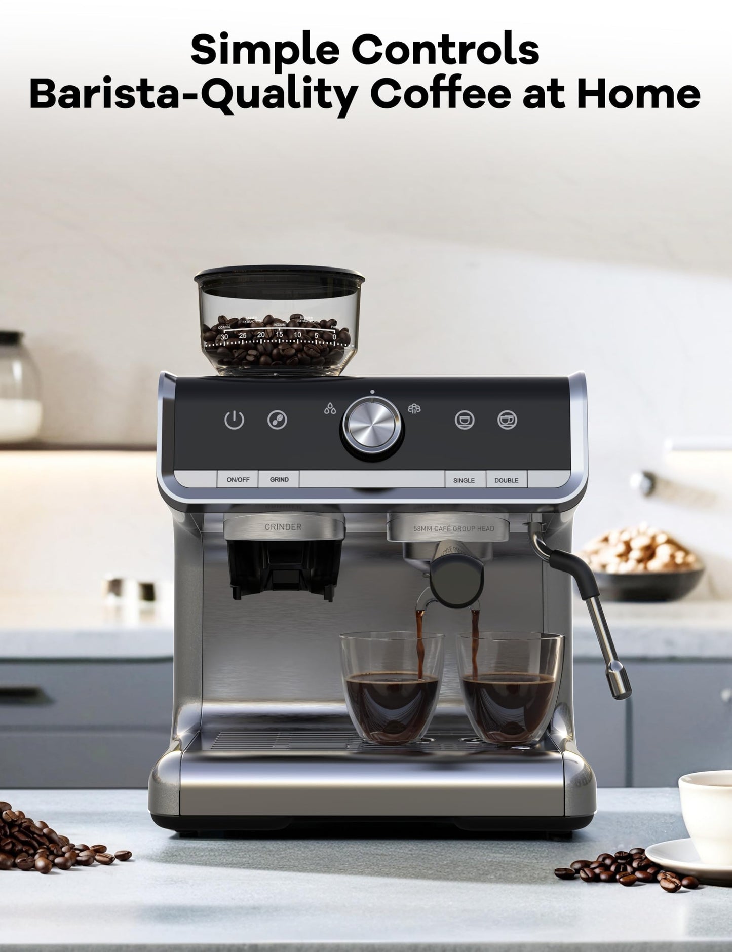 GarveeHome Espresso Machine With Grinder, 20 Bar Semi-Automatic Espresso Coffee Maker With Milk Frother Steamer Wand Cappuccino Latte Macchiato, 95 oz Water Tank, PID Temperature Control, Light Gray