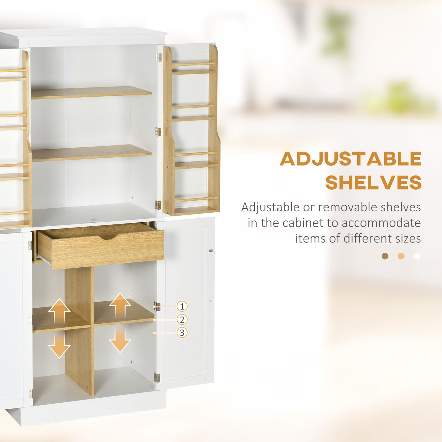 HOMCOM 72" Kitchen Pantry, Modern 4-Door Kitchen Storage Cabinet with Inside Drawer, Hanging Door Shelves, 5-Tier Shelving and Adjustable Shelf, White